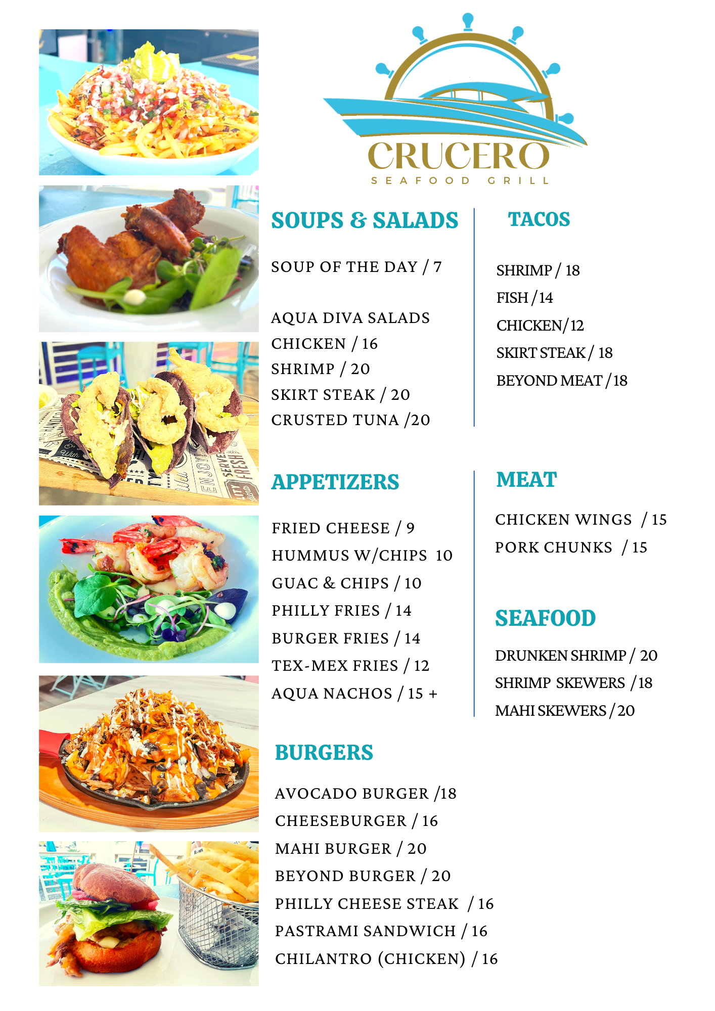 crucero at aqua marina beach club dinner menu