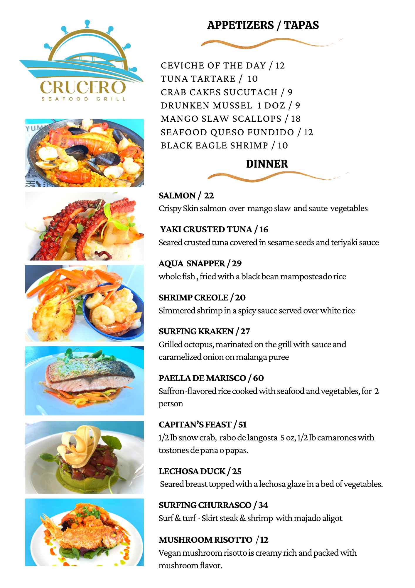 crucero at aqua marina beach club dinner menu