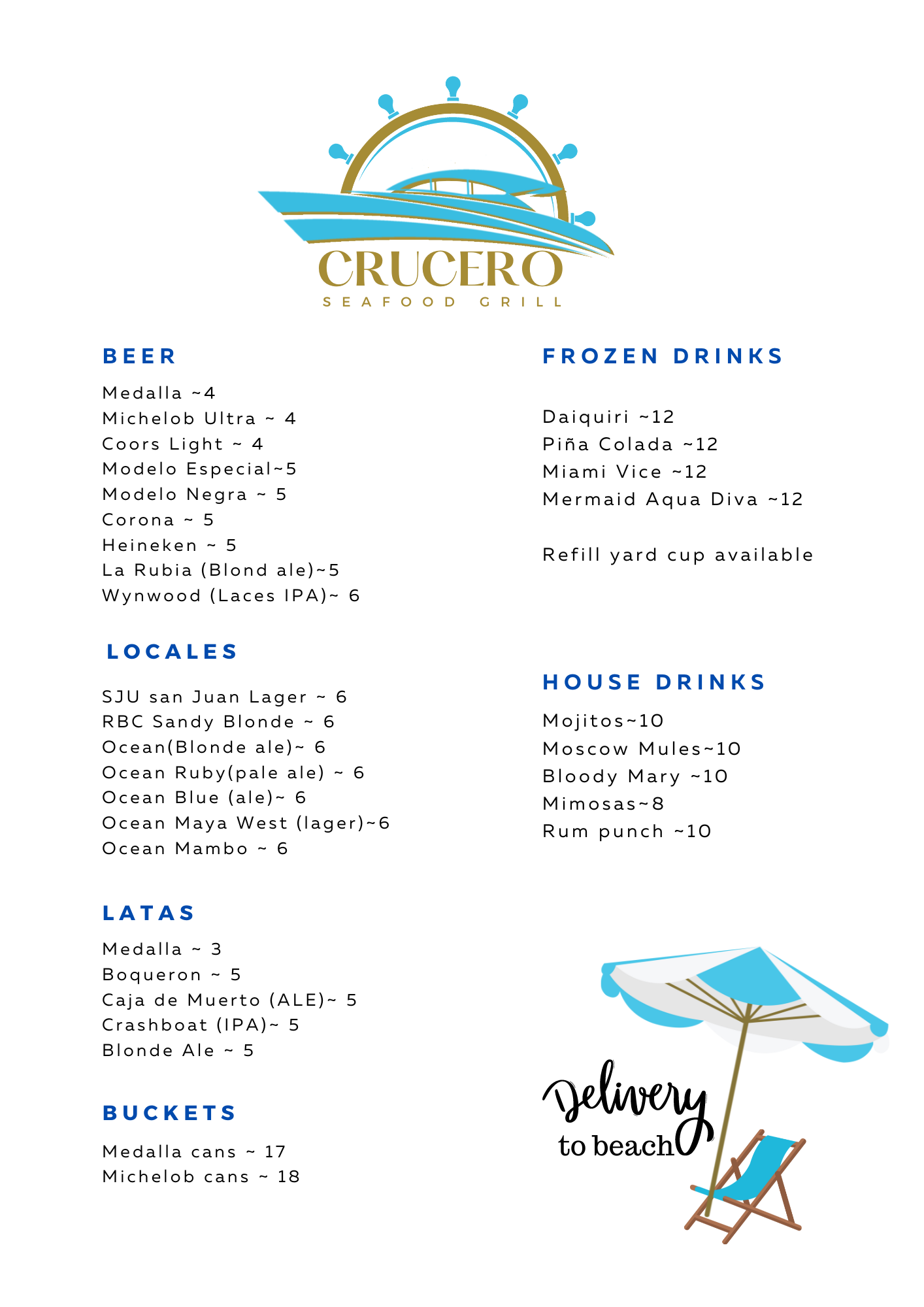 crucero at aqua marina beach club drink menu